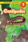 "Centipedes" oben und "Ashley Lee" unten. Tausendfüßler auf grünem Blatt, Logo "Backyard Bugs".