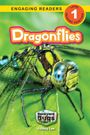 "Dragonflies" in großen Buchstaben. Nahaufnahme einer Libelle auf einem grünen Blatt.