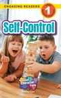 "Self-Control", "Engaging Readers Level 1", "Good Character Traits", "Ashley Lee". Zwei Kinder spielen mit einem Holzblöcketurm.
