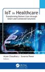Oben steht „IoT in Healthcare“. Darunter ein futuristisches Design mit Hand, DNA-Strang und digitalen Anzeigen.