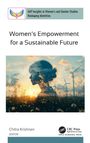 Titel: "Women's Empowerment for a Sustainable Future". Silhouette einer Frau im Feld mit Windrädern im Hintergrund.