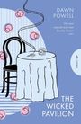 „Dawn Powell, The Wicked Pavilion“. Zitat von NYT, Illustration von Tisch und Stuhl mit dekorativen Elementen.