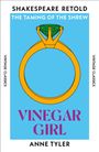 "VINEGAR GIRL", Anne Tyler; oben "SHAKESPEARE RETOLD", "THE TAMING OF THE SHREW"; Illustration eines goldenen Rings.