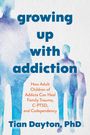 Text: "growing up with addiction", "How Adult Children of Addicts Can Heal Family Trauma, C-PTSD, and Codependency", "Tian Dayton, PhD". Aquarellierte Silhouetten von Menschen.