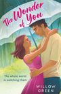 „The Wonder of You“ in Pink, „The whole world is watching them“. Illustration: Paar in Umarmung, Regenschirm.