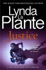 Titel: Justice. Text: "When the bodies are dug up, the truth isn't far behind..." Untertitel: A Trial & Retribution Thriller. blaue Justizia-Statue.