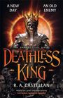 "A NEW DAY, AN OLD ENEMY. DEATHLESS KING. R. A. Castellan. Vampir in Rüstung vor Sonnenaufgang, Totenköpfe am Boden."