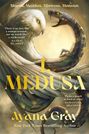 "I, MEDUSA" ist in großen gelben Buchstaben dargestellt. Zwei Zitate sind von Saara El-Arifi und Samantha Shannon. Eine Schlange begegnet einer Eule.