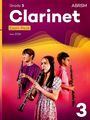 "Grade 3 Clarinet Exam Pack from 2026" steht oben. Drei junge Menschen spielen Klarinette vor einem farbenfrohen Hintergrund.