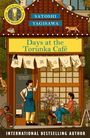 „Days at the Torunka Café“, Illustration eines Cafés mit einer Person, die draußen sitzt, und dekorativen Details.