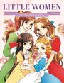 „LITTLE WOMEN“ oben. Vier stilisierte Mädchen im Manga-Stil, umgeben von Blumen, sehen fröhlich aus.