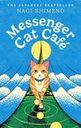 Text: "Messenger Cat Café". Illustration einer Katze vor einer surrealen Landschaft mit Sonne, Wolken und Strahlen.