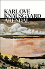Text: "KARL OVE KNAUSGAARD ARENDAL." Landschaftsgemälde mit Wolken, Feldern und Bäumen in erdigen Tönen.