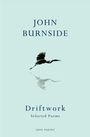"John Burnside: Driftwork. Selected Poems. CAPE POETRY." Illustration eines fliegenden Vogels über Wasser.
