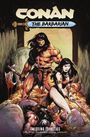 „CONAN THE BARBARIAN“ und „TWISTING LOYALTIES“. Illustration eines muskulösen Mannes und einer Frau mit Schwert im Schatzraum.