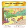 Titel: "Harley, Pepi and The Butterfly". Zwei Hunde spielen mit einem Schmetterling in einem bunten Garten.