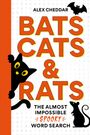 "BATS CATS & RATS" in großen Buchstaben, schwarzer Katze und Maus, Fledermaus-Logo, "THE ALMOST IMPOSSIBLE SPOOKY WORD SEARCH".