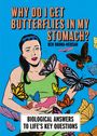 "Why do I get butterflies in my stomach?" Ken Okona-Mensah. Bunte Illustration einer Frau mit vielen Schmetterlingen.