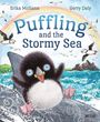 "Puffling and the Stormy Sea" von Erika McGann und Gerry Daly. Illustration eines fröhlichen Küken, Meer und Regenbogen.