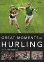 "Great Moments in Hurling from Sportsfile" steht vor grüner Rasenfläche. Zwei Männer spielen Hurling in Aktion.