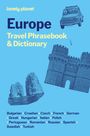 Text: "lonely planet Europe Travel Phrasebook & Dictionary". 
Illustration: Auto, Burg, Meerfelsen auf blauem Hintergrund.