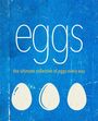 Text: "eggs, the ultimate collection of eggs every way." Illustration mit drei stilisierten Eiern auf blauem Hintergrund.