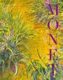 Der Text "MONET" steht senkrecht in großen lila Buchstaben auf einer gelben, impressionistischen Blumenmalerei.