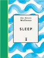 Text: "One-Minute Wellness SLEEP". Illustration in Blau und Weiß mit grüner und gelber Leiste.