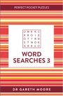 „Perfect Pocket Puzzles: Word Searches 3“ steht auf einem Streifenmuster in Rot- und Gelbtönen.