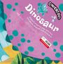 „Dinosaur“ in weißen Buchstaben auf buntem Hintergrund mit Polka-Dots und Illustrationen von Dinosaurier und Libelle.