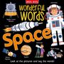 Texte: "Apollo Lunar Module", "rocket", "Space", "astronaut", "Venus Express", "Jupiter", "telescope", "Moon buggy". Illustrationen von Raumfahrtthemen.
