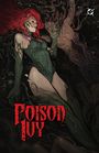 „Poison Ivy“ in roter Schrift. Eine Frau mit rotem Haar, von Pflanzen umgeben, im grünen Kostüm. Fantasievolle, dunkle Illustration.