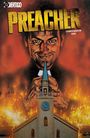 Oben steht "PREACHER COMPENDIUM ONE". Ein Mann, der diabolisch lächelt, hält einen Kirchturm. Flammen im Hintergrund.