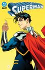 "Superman", "ALL IN" und ein blaues Logo oben. Illustration eines lächelnden Mannes mit rotem Umhang auf gelbem Hintergrund.