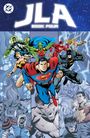 "JLA Book Four" steht oben in großen Lettern, darunter fliegende Superhelden in dynamischen Posen. Comics-Stil.