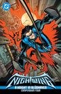 Nightwing: A Knight in Blüdhaven Compendium Four. Superheld in Blau schwingt an Seil, Stadtlandschaft im Hintergrund.