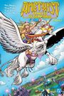 „Amethyst Princess of Gemworld Omnibus“ in gelben Buchstaben. Mädchen auf geflügeltem Pferd über fantasievoller Stadt. Bunt.