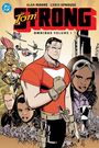Text: "Tom Strong Omnibus Volume 1" von Alan Moore und Chris Sprouse. Illustration von actionreichen Figuren und einem Stadtbild.