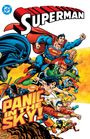 "SUPERMAN", "PANIC IN THE SKY!" Helden fliegen dynamisch nach rechts, Superman im Vordergrund, leuchtende Farben. Illustration.