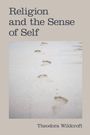 Text: "Religion and the Sense of Self" und "Theodora Wildcroft". Fußspuren führen im Sand in die Ferne.