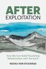 Text: "AFTER EXPLOITATION. How We Can Build Flourishing Relationships with the Earth. Kocku von Stuckrad."   
Aquarell: Berge unter blauem Himmel.