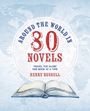 Text: "Around the World in 80 Novels: Travel the Globe One Book at a Time" von Henry Russell. Offenes Buch, Weltkarte-Hintergrund.