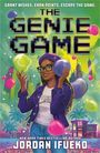 "The Genie Game" in Pixel-Schrift, buntes Cover mit Frau in lila Jacke und Mütze, Stadtlandschaft und schwebenden Blasen.