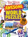 "AWESOME WORLD PUZZLES" in großen Lettern. Bunter Hintergrund mit Globus, Flugzeug, Tukan und Sehenswürdigkeiten.