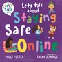 „Let's talk about Staying Safe Online“ steht groß auf lila Hintergrund. Kinder sind mit digitalen Geräten abgebildet.
