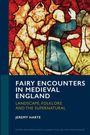 Text: "FAIRY ENCOUNTERS IN MEDIEVAL ENGLAND. LANDSCAPE, FOLKLORE AND THE SUPERNATURAL. JEREMY HARTE". Mittelalterliches Glasfenster.