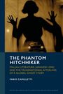 Titel: "The Phantom Hitchhiker". Silhouette einer Frau vor einem Scheinwerfer eines alten Autos im Wald.