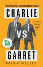 "Charlie VS Garret" steht zentral. Zwei Männer in Anzügen spazieren nebeneinander. Hintergrund in Orange. 