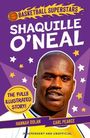 Text: "Basketball Superstars", "Shaquille O'Neal", "The Fully Illustrated Story!", "Hannah Dolan", "Carl Pearce". Ein Porträt von einer Person mit Sternen.