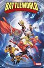"BATTLEWORLD" oben in gelber Schrift; darunter verschiedene Superhelden in dynamischen Posen vor einem kosmischen Hintergrund.
